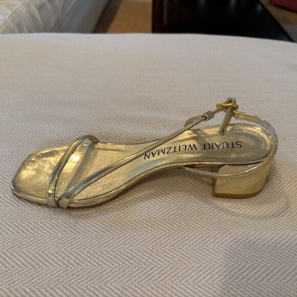 Stuart Weitzman Soirée Metallic Gold Block Heels - 8 - Picture 3 of 5